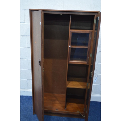 1225 - A TEAK 1970'S TWO DOOR WARDROBE with fitted interior, width 92cm x depth 54cm x height 172cm