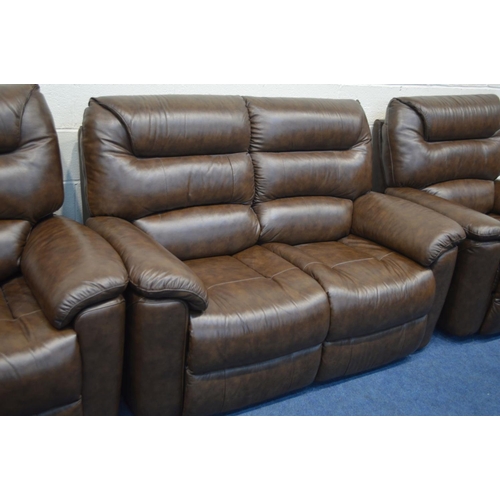 1226 - A LAY-Z-BOY BROWN LEATHER THREE PIECE LOUNGE SUITE, comprising two seater settee and a pair of elect... 