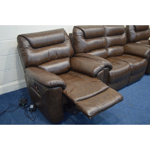 1226 - A LAY-Z-BOY BROWN LEATHER THREE PIECE LOUNGE SUITE, comprising two seater settee and a pair of elect... 