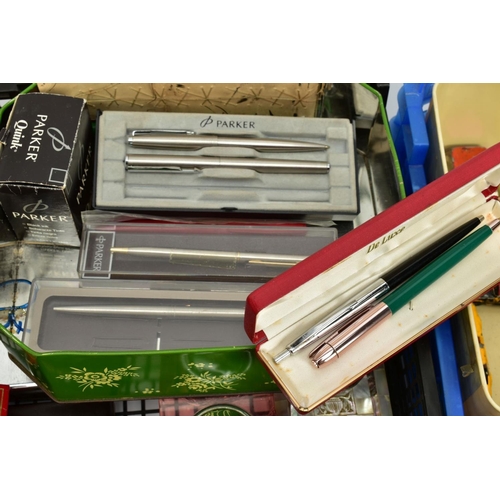 123 - THREE TRAYS OF MISCELLANEOUS ITEMS, to include a tray of pens and desk top equipment, such as a case... 