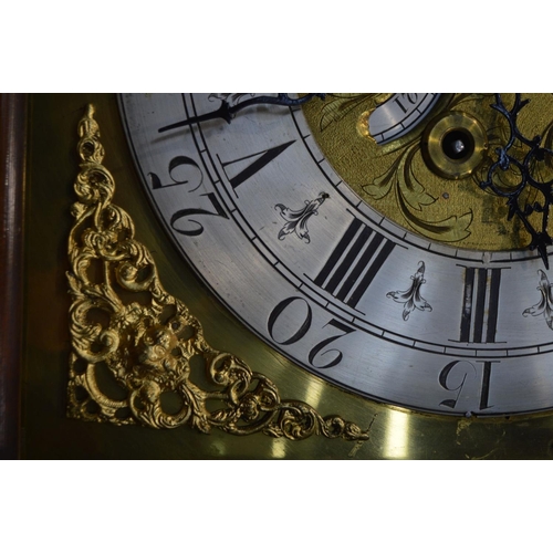 1230 - A GEORGE IV OAK AND CROSSBANDED EIGHT DAY LONGCASE CLOCK, the hood with a scrolled top and twin flut... 