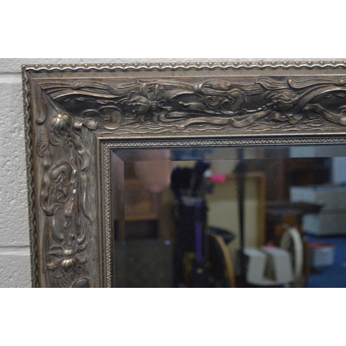 1235 - A MODERN GREY FINISH FRAMED BEVELLED EDGE WALL MIRROR, 133cm x 110cm