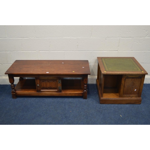 1238 - AN OLD CHARM OAK COFFEE TABLE, with a single linen fold door, width 122cm x depth 52cm x height 47cm... 