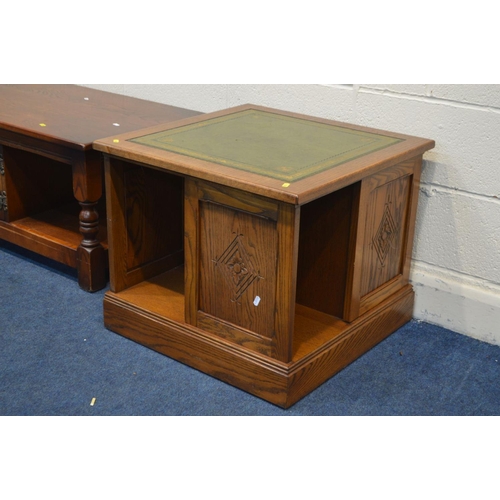 1238 - AN OLD CHARM OAK COFFEE TABLE, with a single linen fold door, width 122cm x depth 52cm x height 47cm... 