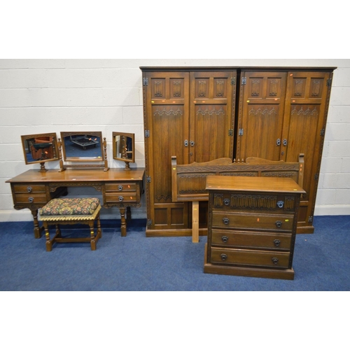 1246 - AN OLD CHARM OAK SIX PIECE BEDROOM SUITE, comprising two matching double door wardrobes, width 103cm... 