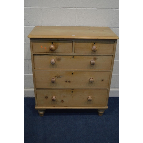 1250 - A VICTORIAN PINE CHEST OF TWO SHORT OVER THREE LONG DRAWERS, on baluster legs, width 93cm  x depth 4... 