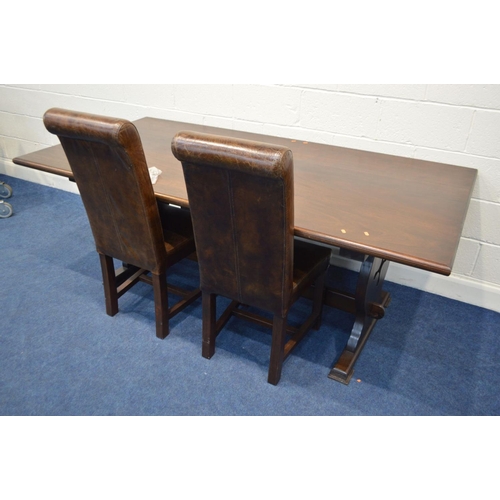 1251 - A MAHOGANY REFECTORY TABLE, length 214cm x depth 108cm x height 78cm and two brown leather chairs (3... 