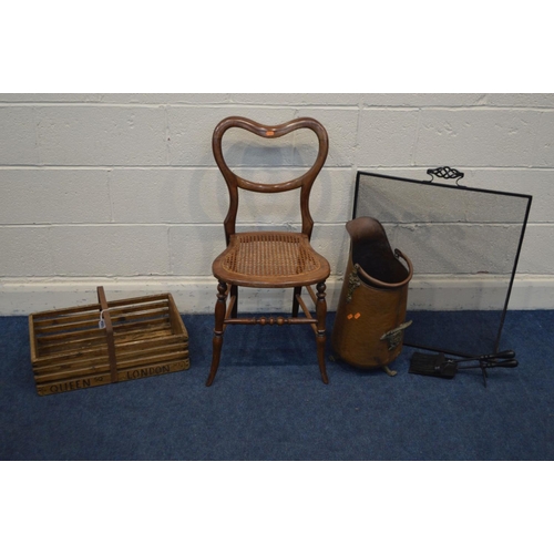 1254 - A VINTAGE WOODEN FRUIT CRATE, a copper coal scuttle, fire screen, shovel and brush and a cane seated... 