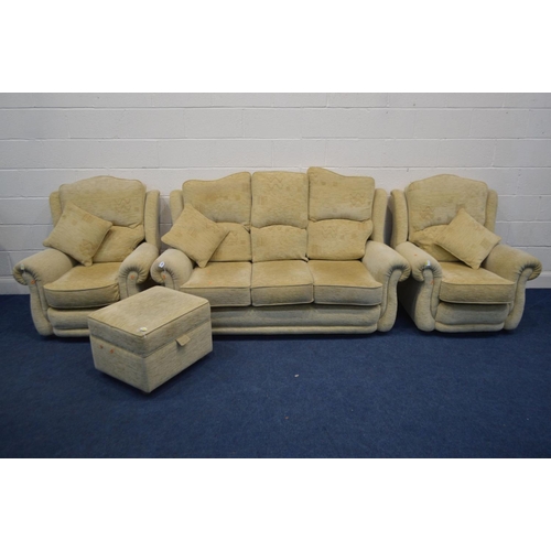 1256 - A BEIGE UPHOLSTERED FOUR PIECE LOUNGE SUITE, comprising a three seater settee, pair of armchairs and... 