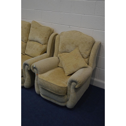 1256 - A BEIGE UPHOLSTERED FOUR PIECE LOUNGE SUITE, comprising a three seater settee, pair of armchairs and... 