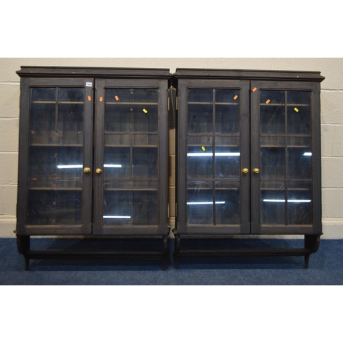 1262 - TWO STAINED PINE HANGING DOUBLE DOOR HANGING BOOKCASES (losses)