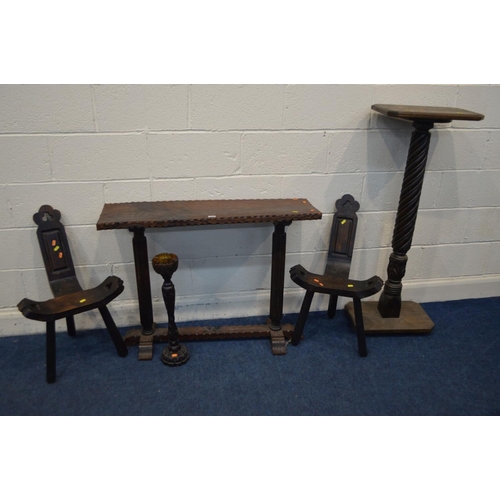 1266 - A SLIM RUSTIC OAK TABLE, together with two similar spinning chairs, ash tray and an oak torchere sta... 