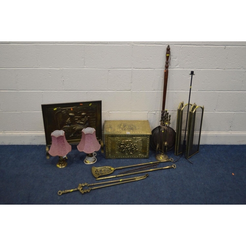 1270 - A QUANTITY OF BRASSWARE to include a slipper box, three piece fire iron set, two various fire screen... 