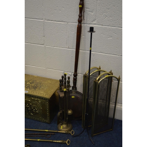 1270 - A QUANTITY OF BRASSWARE to include a slipper box, three piece fire iron set, two various fire screen... 