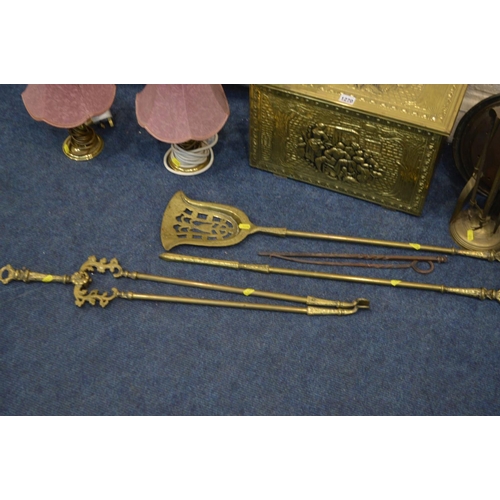 1270 - A QUANTITY OF BRASSWARE to include a slipper box, three piece fire iron set, two various fire screen... 