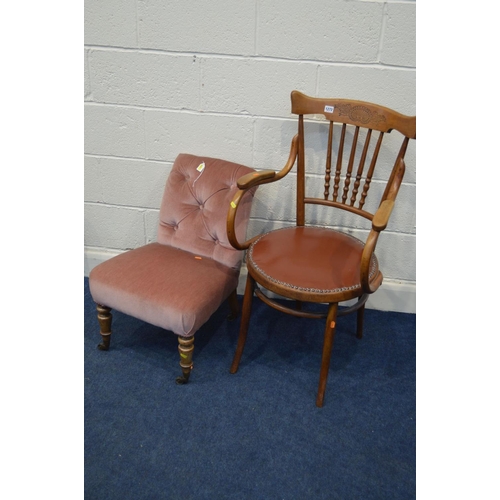 1272 - A BENTWOOD BEECH OPEN ARMCHAIR, together with a Victorian walnut nursing chair (2)