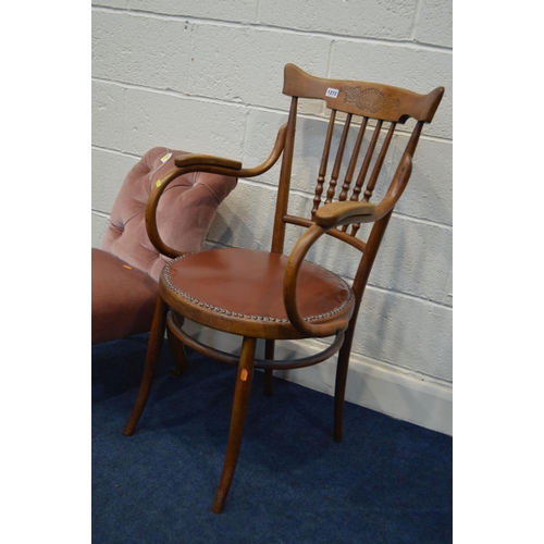 1272 - A BENTWOOD BEECH OPEN ARMCHAIR, together with a Victorian walnut nursing chair (2)