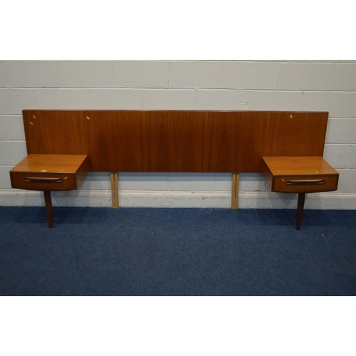 1277 - A G PLAN FRESCO TEAK 4' 6'' HEADBOARD with adjoining bedsides with a single drawer, length 254cm x d... 