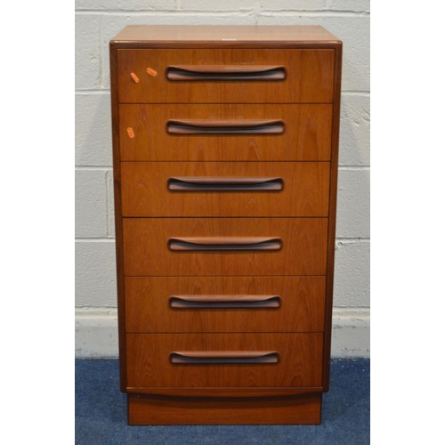 1278 - A G PLAN FRESCO TEAK CHEST OF SIX DRAWERS, width 56cm x depth 45cm x height 103cm (good condition)