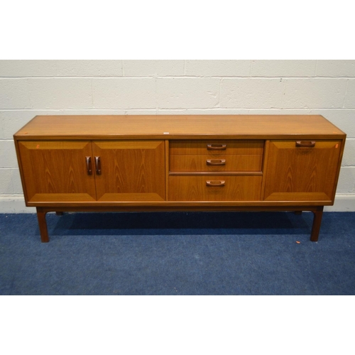 1282 - A G PLAN TEAK SIDEBOARD, with double cupboard doors and a single fall front cupboard door flanking t... 