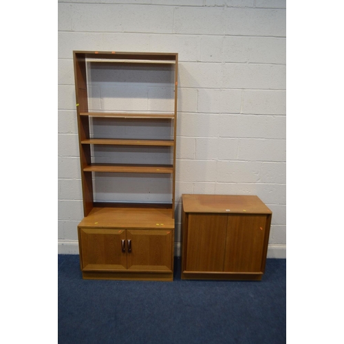 1283 - A G PLAN TEAK OPEN BOOKCASE, with space for four shelves (one missing) above a double cupboard door ... 