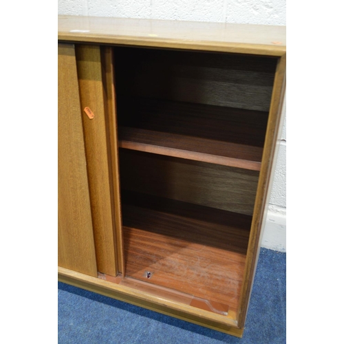 1283 - A G PLAN TEAK OPEN BOOKCASE, with space for four shelves (one missing) above a double cupboard door ... 