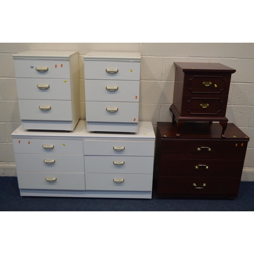 1285 - A MODERN WHITE LOW CHEST OF SIX DRAWERS, matching pair of bedsides and two mahogany finish chest of ... 