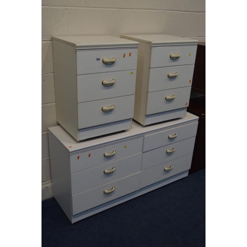 1285 - A MODERN WHITE LOW CHEST OF SIX DRAWERS, matching pair of bedsides and two mahogany finish chest of ... 