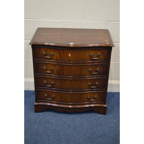 1286 - A MODERN MAHOGANY SERPENTINE CHEST OF FOUR LONG DRAWERS, width 74cm x depth 46cm x height 77cm