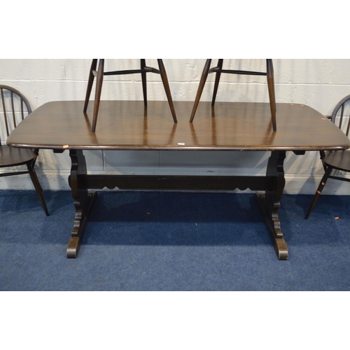 1292 - A DARK ERCOL REFECTORY TABLE, length 183cm x depth 88cm x height 73cm and a set of six Windsor kitch... 