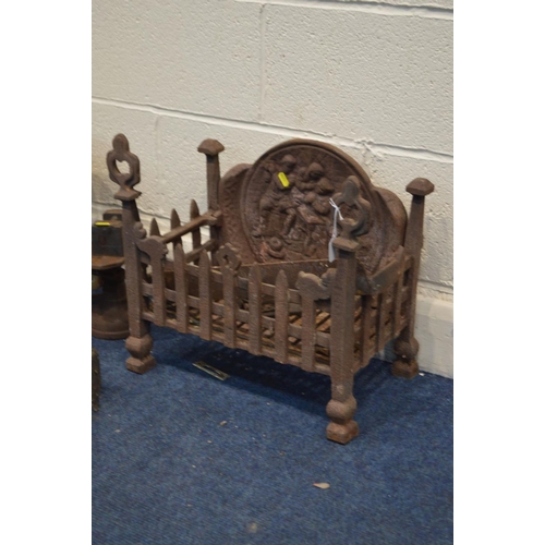 1298 - A VINTAGE CAST IRON FIRE GRATE, width 47cm x depth 28cm x height 36cm, a cast iron hopper, balance s... 