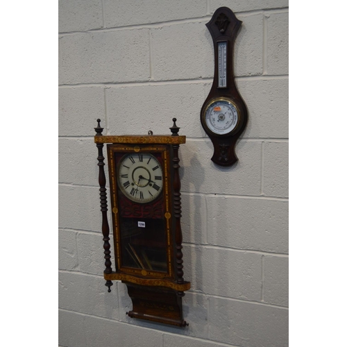 1299 - A 19TH CENTURY ROSEWOOD MARQUETRY INALID WALL CLOCK, height 93cm together with an oak aneroid barome... 