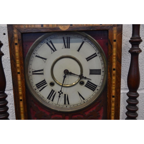 1299 - A 19TH CENTURY ROSEWOOD MARQUETRY INALID WALL CLOCK, height 93cm together with an oak aneroid barome... 