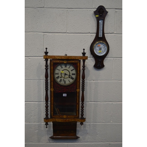 1299 - A 19TH CENTURY ROSEWOOD MARQUETRY INALID WALL CLOCK, height 93cm together with an oak aneroid barome... 