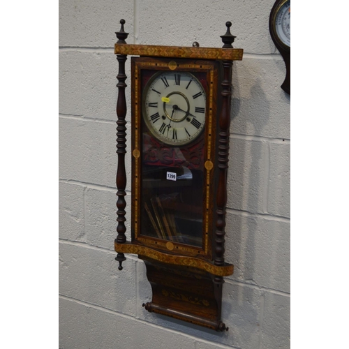 1299 - A 19TH CENTURY ROSEWOOD MARQUETRY INALID WALL CLOCK, height 93cm together with an oak aneroid barome... 