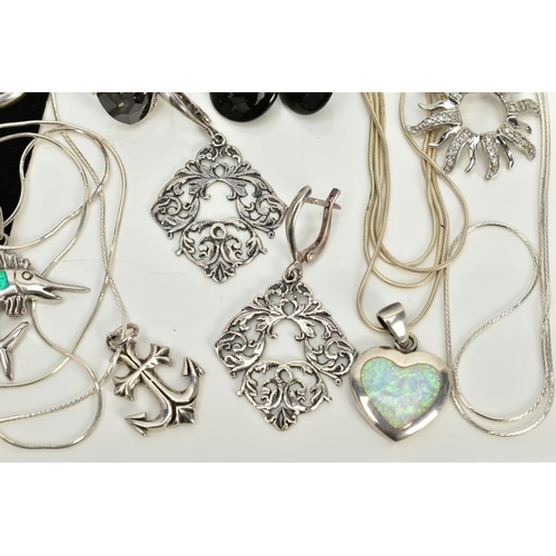 13 - A COLLECTION OF WHITE METAL ASSORTED JEWELLERY ITEMS to include an onyx and marcasite ring, onyx and... 