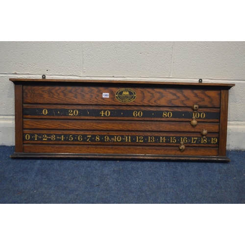 1303 - A THURSTON & CO LONDON OAK BILLIARDS/SNOOKER SCOREBOARD, 111cm x 39cm