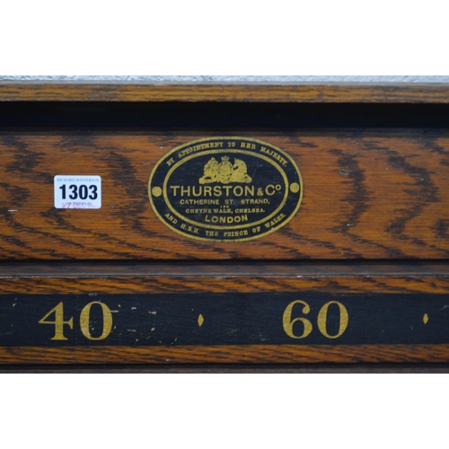 1303 - A THURSTON & CO LONDON OAK BILLIARDS/SNOOKER SCOREBOARD, 111cm x 39cm