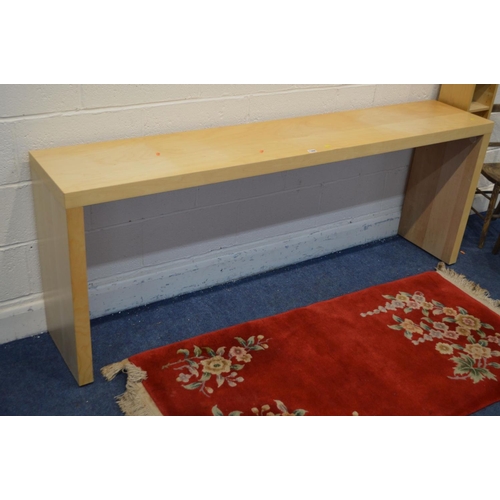 1308 - A MODERN BEECH HALL TABLE, on forward rolling casters, width 191cm x depth 36cm x height 74cm, toget... 