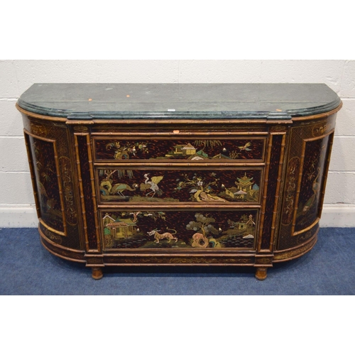 1311 - A JAPANESE SIDEBOARD, incorporating older timbers, chinoiserie decoration, with a green veined marbl... 