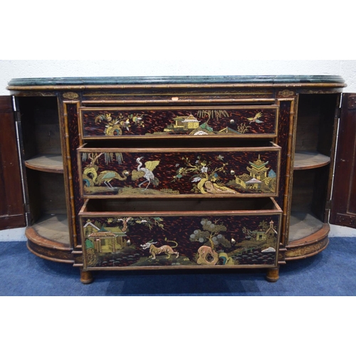 1311 - A JAPANESE SIDEBOARD, incorporating older timbers, chinoiserie decoration, with a green veined marbl... 