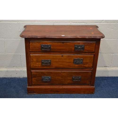 1313 - AN EARLY 20TH CENTURY STAINED WOOD CHEST OF THREE LONG DRAWERS, width 97cm x depth 45cm x height 81c... 