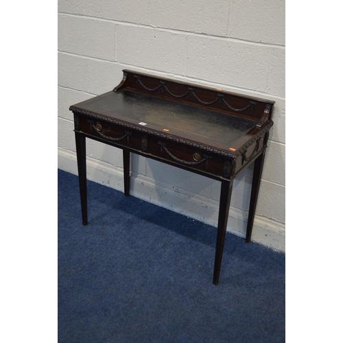 1314 - AN EDWARDIAN MAHOGANY LADIES DESK, with a raised back, acanthus banding, blue leather top, two friez... 