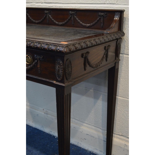 1314 - AN EDWARDIAN MAHOGANY LADIES DESK, with a raised back, acanthus banding, blue leather top, two friez... 