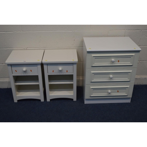 1323 - A PAIR OF MODERN WHITE BEDSIDE CABINET, with a single drawer, together with a chest of three drawers... 