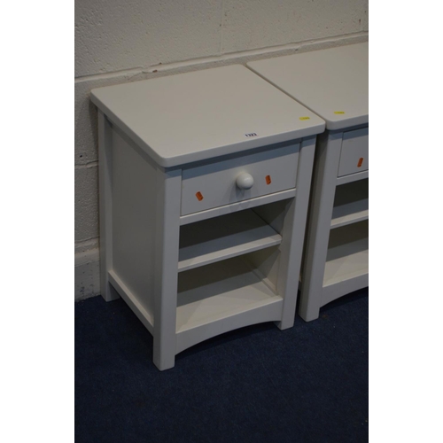 1323 - A PAIR OF MODERN WHITE BEDSIDE CABINET, with a single drawer, together with a chest of three drawers... 