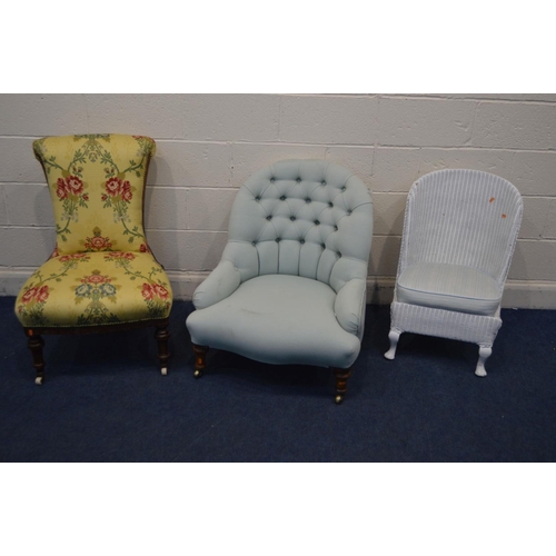 1324 - TWO LATE VICTORIAN CHAIRS, one with a scrolled back, the other button back, and a Lloyd Loom bedroom... 