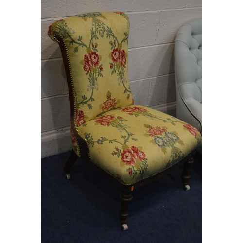 1324 - TWO LATE VICTORIAN CHAIRS, one with a scrolled back, the other button back, and a Lloyd Loom bedroom... 