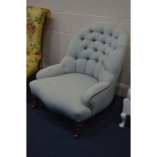 1324 - TWO LATE VICTORIAN CHAIRS, one with a scrolled back, the other button back, and a Lloyd Loom bedroom... 