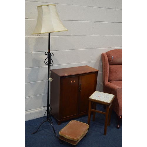 1326 - A HSL PINK UPHOLSTERED WING BACK ARMCHAIR, mahogany two door cabinet, wrought iron standard lamp and... 